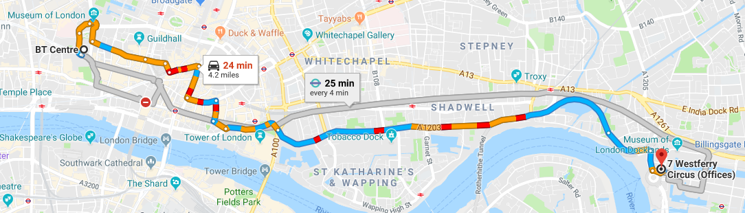 Route between DS and BT - Maps provided by Google