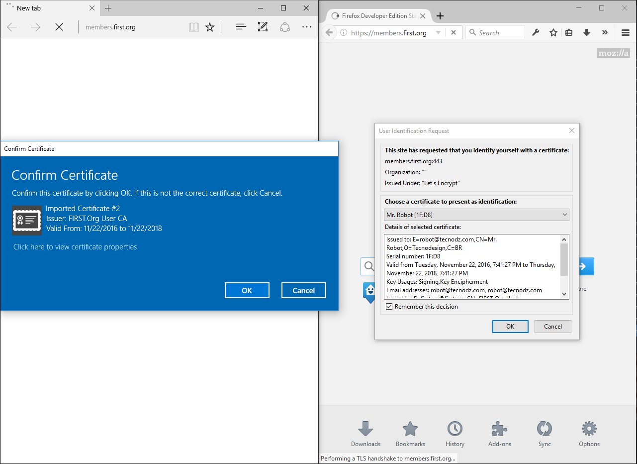 Certificate selection on Edge and Firefox